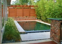 Modern-swimming-pool-surrounded-by-bamboo-and-mexican-beach-pebbles-with-small-arbor-and-louvered-wall